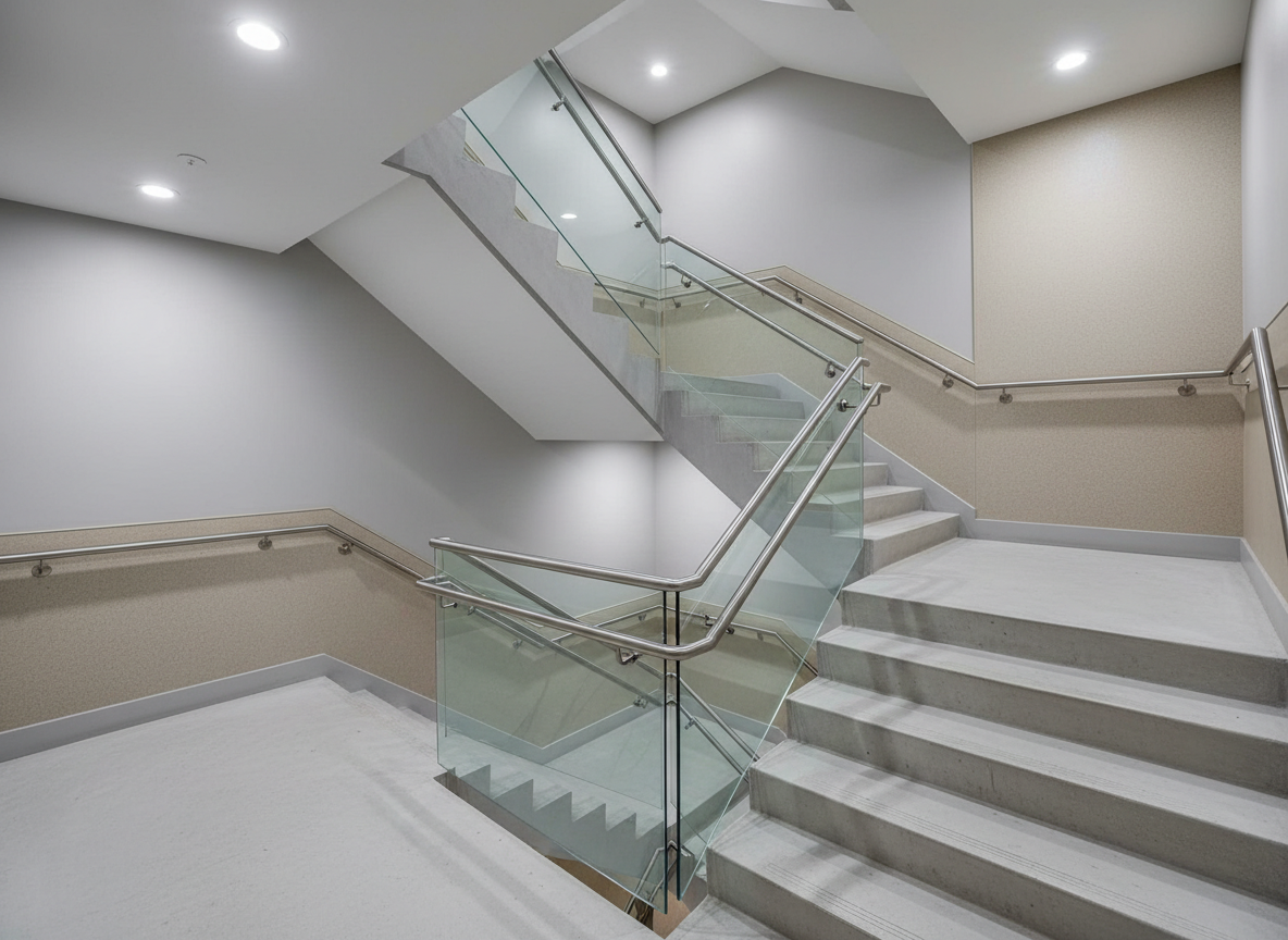 A meticulously maintained stairwell in a modern condominium, where smooth concrete steps lead upward framed by stainless steel rails and glass balustrades. Each surface is free of dust and debris, with the neutral gray palette complemented by subtle beige wall accents. Overhead recessed lighting bathes the space in uniform, shadowless clarity, making every line crisp. Presented from an elevated, slightly diagonal viewpoint, the photo showcases the stairwell's structured layout and balanced form. The mood is orderly and methodical, reinforcing trust in comprehensive cleaning routines with a crisp, corporate photographic style.