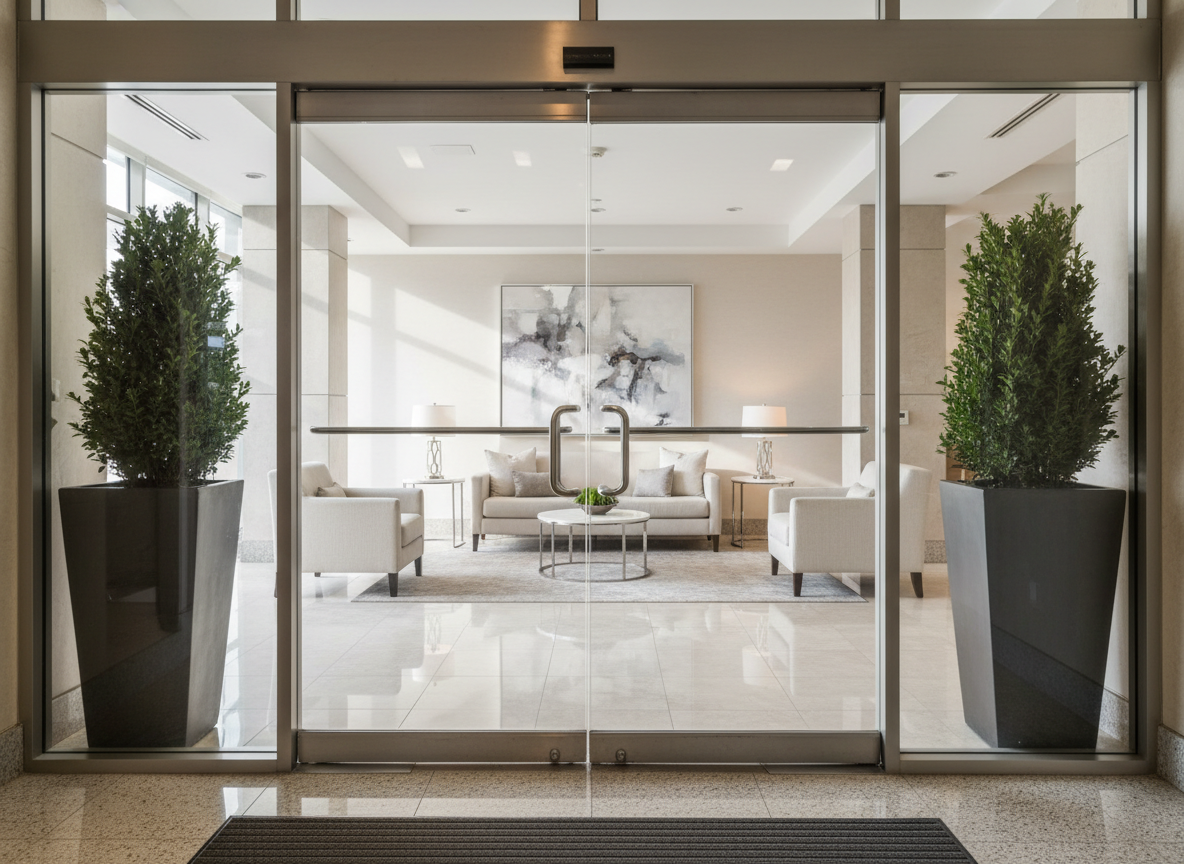 A set of spotless glass entry doors framed by brushed aluminum panels, leading into a condominium lobby with uncluttered, neutral décor and well-organized planters holding neatly trimmed greenery. The floor is gleaming porcelain, and the glass reflects diffused morning light, casting delicate patterns onto the entrance. The immediate foreground shows the fresh, inviting threshold, reinforcing the idea of a welcoming, sanitized environment. With a straight-on, symmetric composition and photographic realism, the atmosphere is polished and professional, emphasizing reliable, thorough cleaning services for high-traffic communal spaces.