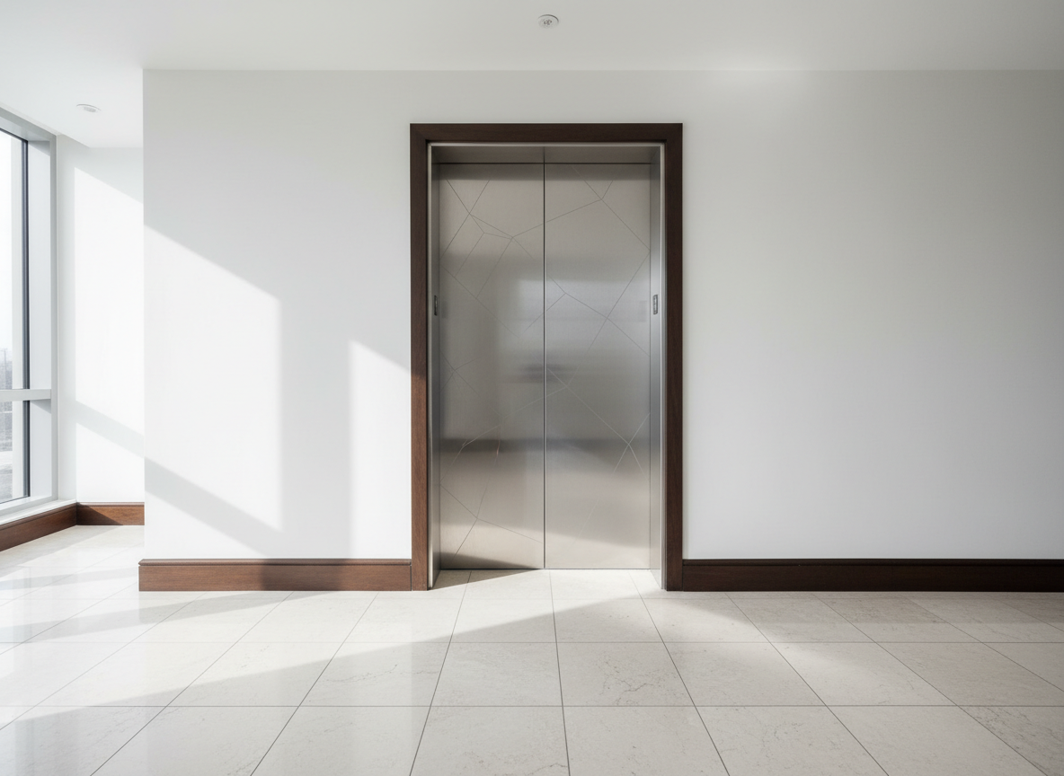 A gleaming stainless steel elevator door, spotlessly clean with subtle brushed metal texture and crisp geometric reflections, centered within a modern condominium hallway. The surrounding environment features pristine white walls, polished stone tile flooring, and sleek architectural lines, all capturing a sense of order and professionalism. Ambient natural light from unseen windows softly illuminates the space, lending subtle highlights to the elevator's surface while gentle shadows define the edges. The mood is calm and quietly efficient, underscoring a well-maintained communal area. Framed with a balanced, eye-level composition and sharp focus throughout, the image exudes a clean, contemporary corporate aesthetic that signals high standards of building management.