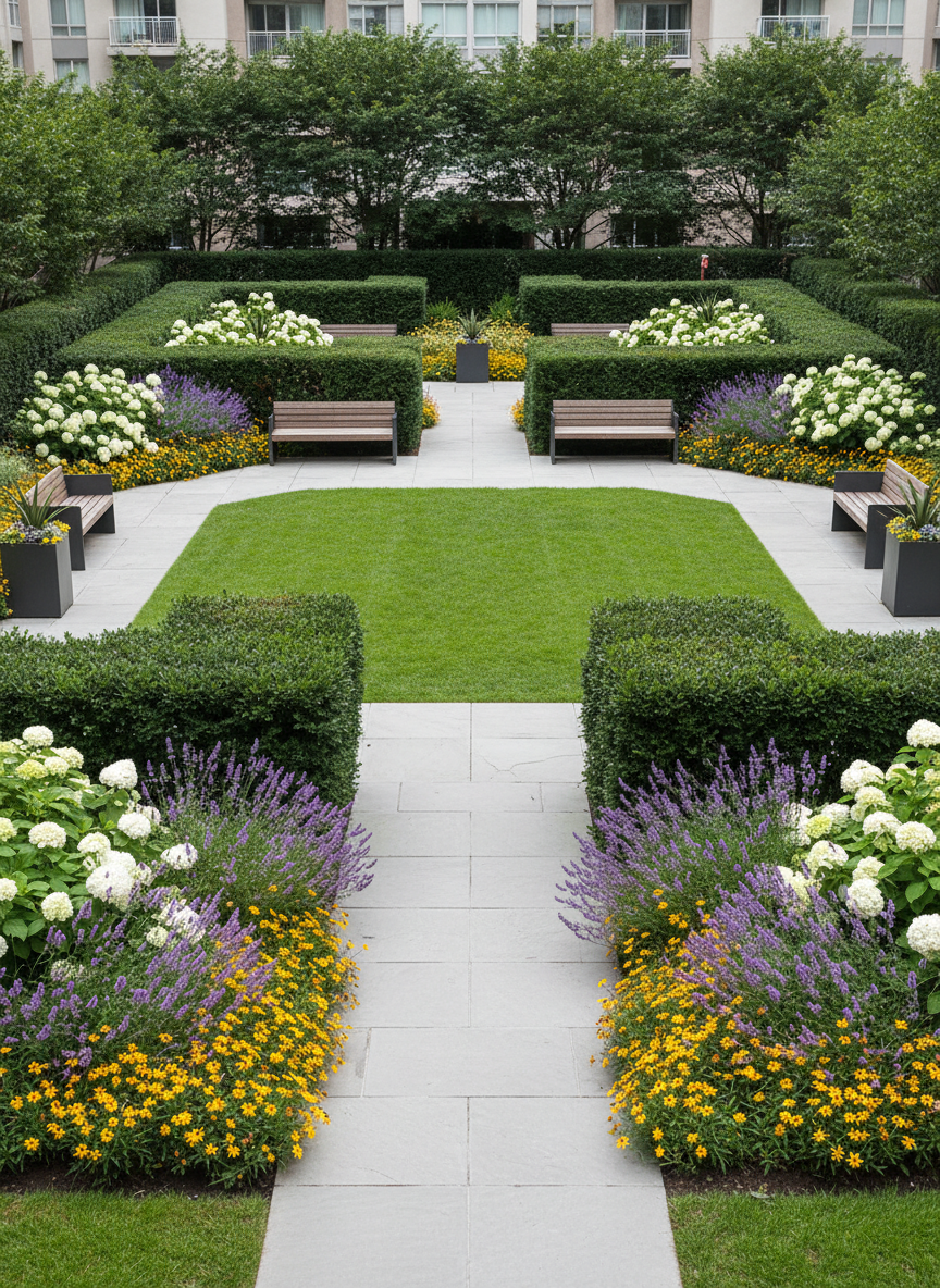 A tranquil garden courtyard in a residential condominium, with precisely trimmed hedges, lush green grass without debris, and carefully maintained flower beds bordering stone walkways. Sleek, modern benches and planters add structure, while the entire space is bathed in soft, diffused daylight, highlighting the vivid greens and harmonious symmetry of the setting. Captured from a wide, level angle revealing the full layout in sharp detail, the image conveys serenity and attentive care, reinforcing the site’s expertise in seamless outdoor maintenance with a clean, corporate photographic finish.