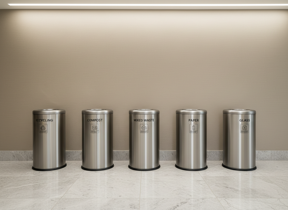 A row of sleek, uniform metal waste bins lined up neatly against an immaculate communal wall, each bin labeled for sorting and removal. The background features a softly textured neutral wall, with a shining stone floor beneath, all free of litter or smudges. Overhead LED lighting creates a luminous, consistent glow, ensuring no harsh shadows, while satin reflections on the bins suggest recent cleaning. The composition is eye-level and evenly spaced, giving a sense of structure and control. The image radiates professionalism—a visual affirmation of reliable, tidy waste management aligned with upscale building standards.